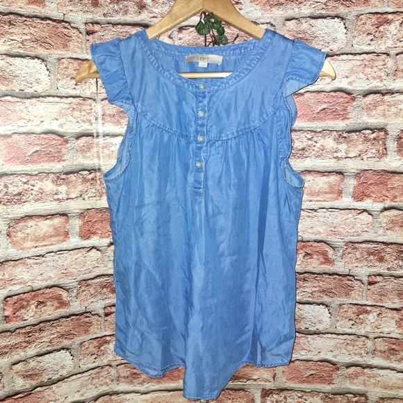 LOFT | 100% Lyrocell Ruffle Shoulder Pullover Chambray Top - Blue - Picture 3 of 15